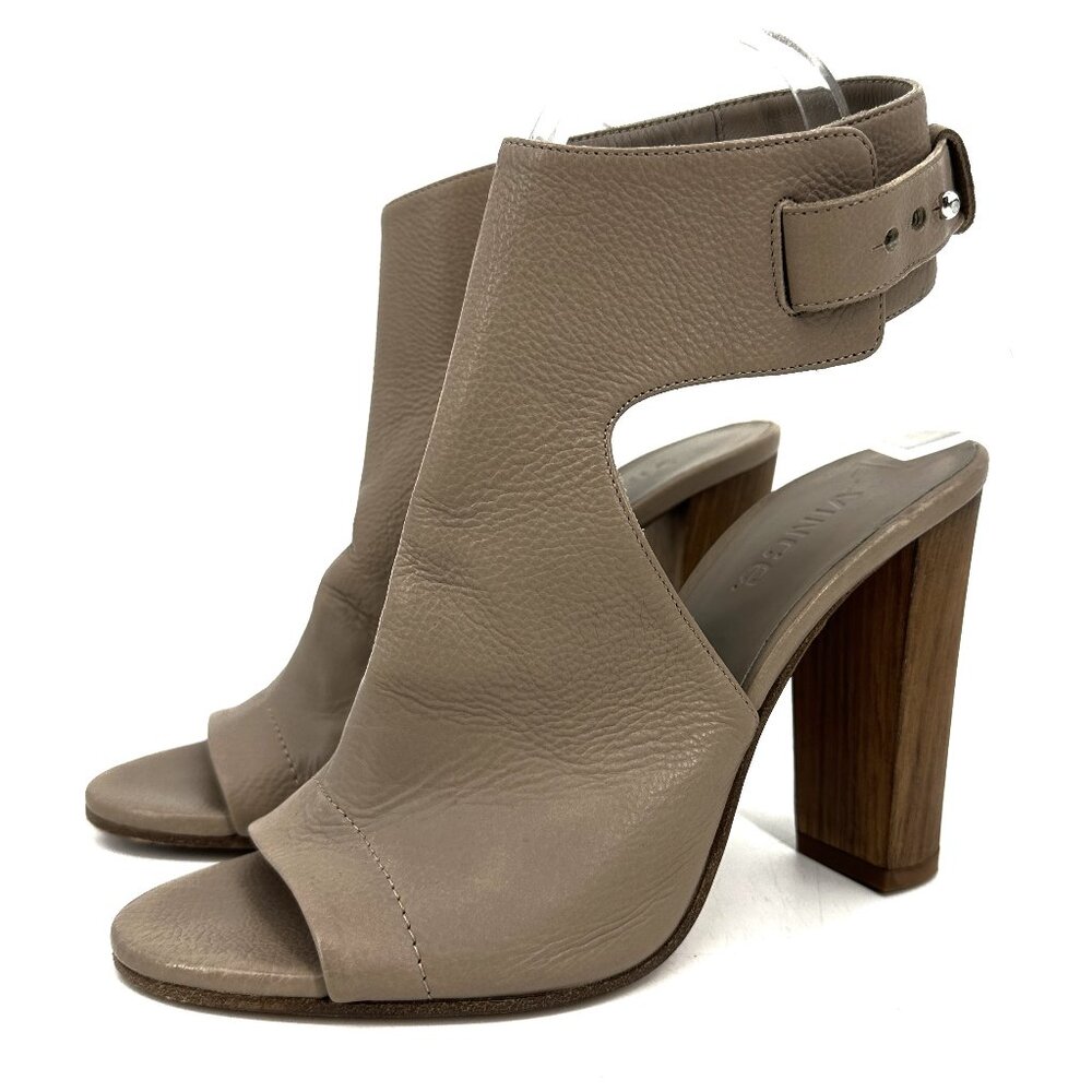 Vince Addie Open‎ Toe Ankle Strap Heel Sandals Taupe Tan Pebbled Leather 7.5